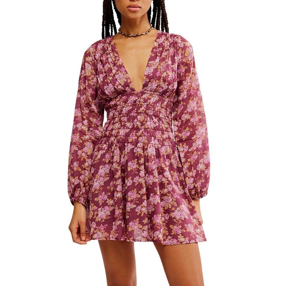 Free People Keep You Floral Print V-Neck Long Sleeve Mini Dress, size M